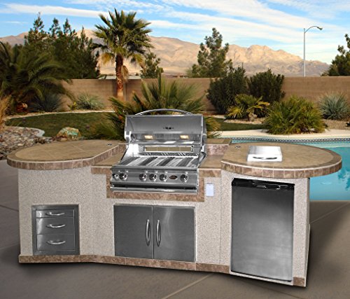 Cal Flame 3 Piece Outdoor Kitchen Island e3022 with 4-Burner Built in Grill, 30" Double Access Stainless Steel Door, Refrigerator with Two Tone Tile and Ameristucco Base with Under Counter Lights