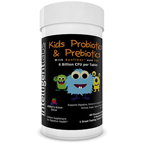 6 Billion Cfu Kids / Children's Probiotics With Prebiotics, Sunfiber And Fos, For 10x More Effectiveness. One A Day Great Taste Chewable Probiotic, 2 Months Supply Per Bottle