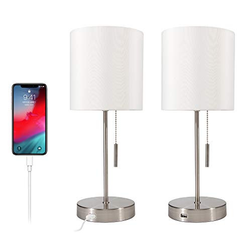 Deeplite Usb Table Lamp Bedside Nightstand Lamp With Usb Port, Modern Desk Lamp Ambient Light For Bedroom, Living Room, Office, Silver Metal Base, Cylinder Lampshade(set Of 2)