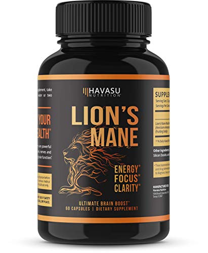 Havasu Nutrition Lion's Mane Mushroom Capsules Energy Boosting, Brain Booster Mushroom Supplement 1000mg, Non Gmo Stress Relief, Immune System Booster Wellness Formula, 60 Capsules