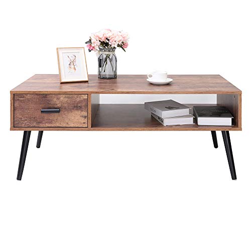 Iwell Mid Century Coffee Table With 1 Drawer And Storage Shelf For Living Room, Cocktail Table, Tv Table, Rectangular Sofa Table, Office Table, Solid Elegant Functional Table, Easy Assembly Cfz004f