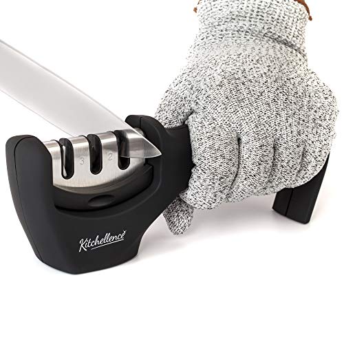 Kitchen Knife Sharpener 3 Stage Knife Sharpening Tool Helps Repair, Restore And Polish Blades Cut Resistant Glove Included (black)