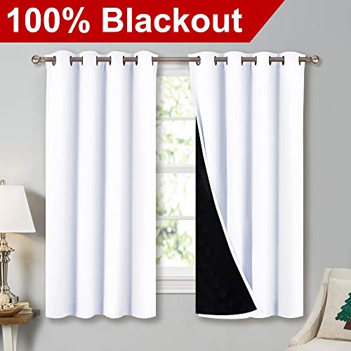 Nicetown White 100% Blackout Lined Curtains, 2 Thick Layers Completely Blackout Window Treatment Thermal Insulated Drapes For Kitchen/bedroom (1 Pair, 52 Inches Width X 63 Inches Length Each Panel)