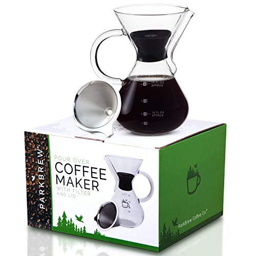 Parkbrew Pour Over Coffee Maker Includes Glass Pourover Carafe (up To 27 Fl. Oz.), Carafe Lid, Reusable Coffee Filter Or Dripper