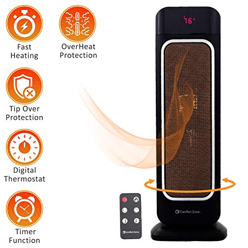 Comfort Zone Oscillating Space Heater Ceramic Forced Fan Heating With Stay Cool Housing Tower With Remote Control, Digital Thermostat, Timer, Large Temperature Display And Efficient Eco Mode