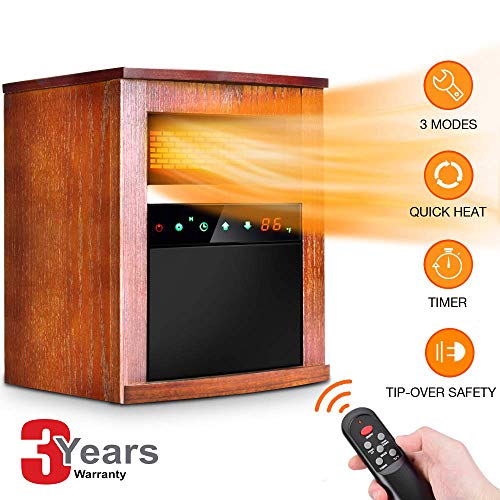 Electric Space Heater 1500w Infrared Heater With 3 Heat Settings, Remote Control&timer, Room Heater With Overheat&tip Over Shut Off Protection, For Indoor Use, Quiet Operation, Wood Cabinet, L, Brown