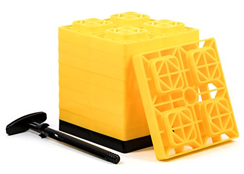 Camco Yellow Fasten 2x2 Leveling Block For Single Tires, Interlocking Design Allows Stacking To Desired Height, Includes Secure T Handle Carrying System, (pack Of 10) (44512), 10 Pack
