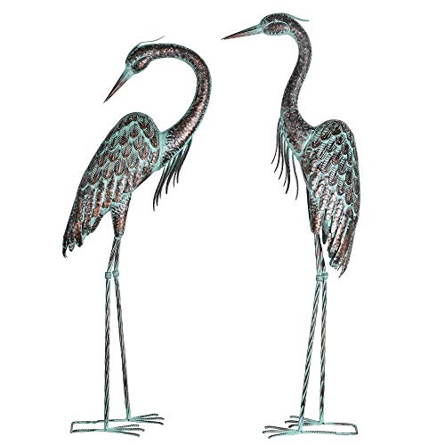 Kircust Garden Crane Statues, Standing Metal Patina Heron Decoy Outdoor Statue Large Size Bird Yard Art For Patio Lawn Pond, Set Of 2