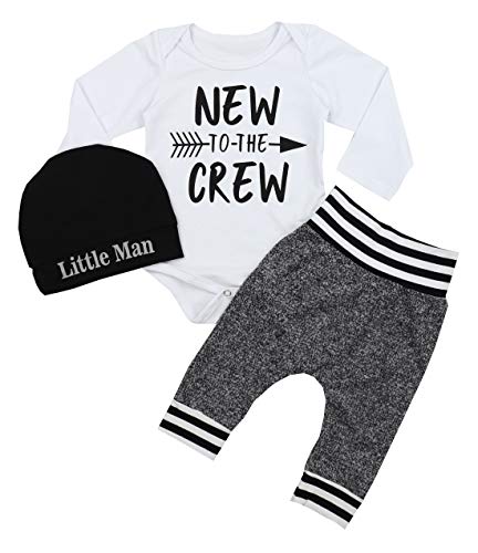 Newborn Baby Boy Clothes New To The Crew Letter Print Romper+long Pants+hat 3pcs Outfits Set (white, 3 6 Months)