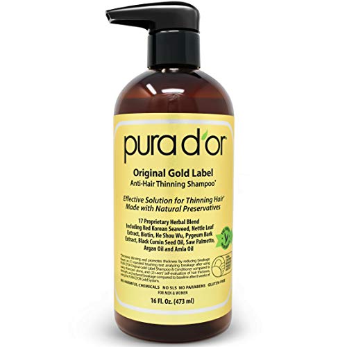 Pura D'or Original Gold Label Anti Thinning Shampoo Clinically Tested, Infused With Argan Oil, Biotin & Natural Ingredients, Sulfate Free, All Hair Types, Men And Women, 16 Fl Oz (packaging May Vary)