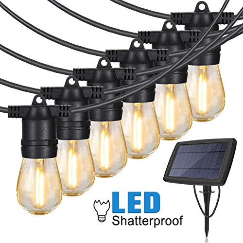 Solar String Lights Outdoor Waterproof Shatterproof 48 Ft Commercial Grade Weatherproof, Smart Dusk To Dawn Sensor, 15 Pcs Plastic Vintage Edison Bulb, Decor For Patio, Pergola, Garden, Bistro