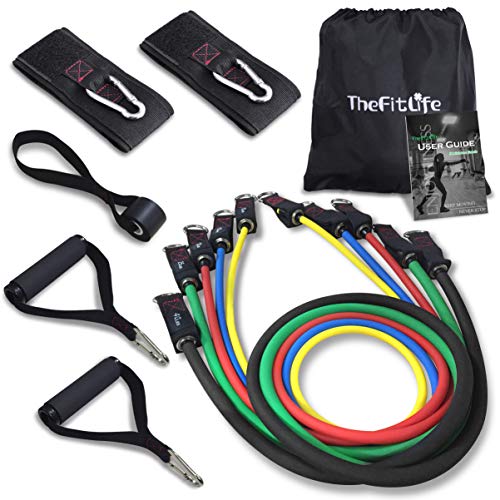 Thefitlife Exercise Resistance Bands With Handles 5 Fitness Workout Bands Stackable Up To 110 Lbs, Training Tubes With Large Handles, Ankle Straps, Door Anchor Attachment, Carry Bag And Bonus Ebook