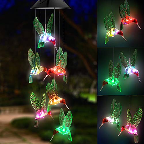 Topspeeder Led Solar Hummingbird Wind Chime, Changing Color Waterproof Six Hummingbird Wind Chimes For Home Party Night Garden Decoration (hummingbird)