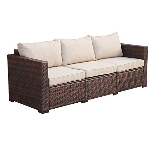 3 Seat Patio Wicker Sofa Outdoor Rattan Couch Furniture W/steel Frame And Creamy White Cushion