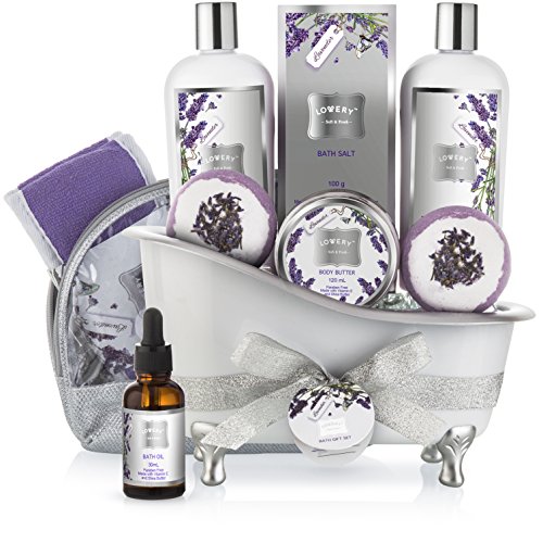 Bath Gift Basket Set For Women: Relaxing At Home Spa Kit Scented With Lavender And Jasmine Includes Large Bath Bombs, Salts, Shower Gel, Body Butter Lotion, Bath Oil, Bubble Bath, Loofah And More