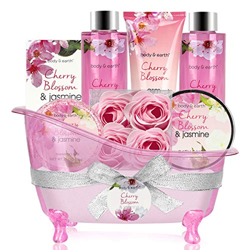 Bath Set For Women Body&earth 8 Pcs Gift Basket With Cherry Blossom & Jasmine Scent, Includes Bubble Bath, Shower Gel, Body & Hand Lotion, Bath Salts And More, Perfect Gifts Set For Home Relaxation
