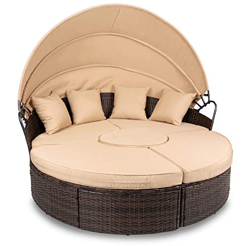 Best Choice Products 5 Piece Outdoor Patio Wicker Daybed Sectional, Clam Shell Lounger W/adjustable Seats, Seat Clips, Retractable Canopy, Protective Cover, Weather Resistant Cushions