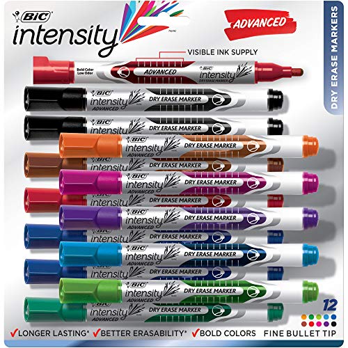 Bic Intensity Advanced Dry Erase Marker, Fine Bullet Tip, Assorted Colors, 12 Count