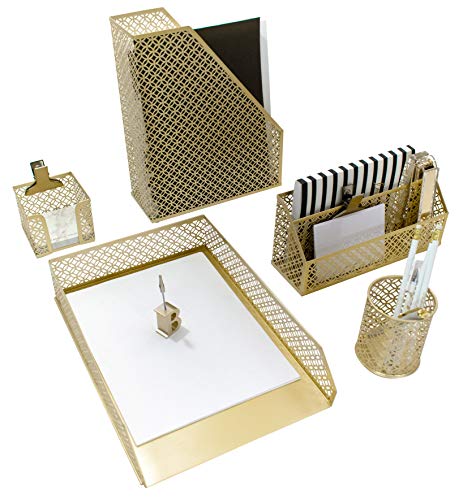 Blu Monaco 5 Piece Cute Gold Desk Organizer Set Desk Organizers And Accessories For Women Cute Office Gold Desk Accessories Desktop Organization