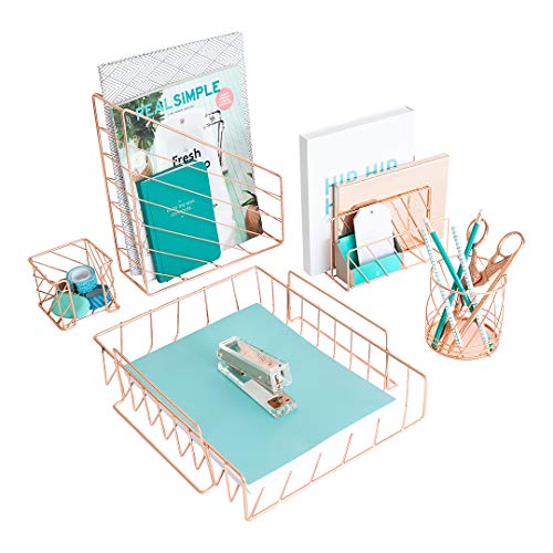 Blu Monaco Rose Gold Desk Organizer 5 Piece Desk Accessories Set Letter Mail Organizer, Paper Document Tray, Pen Cup, Magazine File Holder Diagonal Pattern Office Supplies Stationery Decor