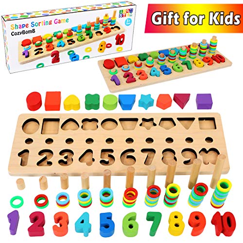 Cozybomb Wooden Number Puzzle Sorting Montessori Toys For Toddlers Shape Sorter Counting Game For Age 2 3 4 5 Year Olds Kids Preschool Education Math Stacking Block Learning Wood Chunky Jigsaw