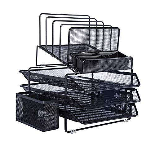 Designa Stackable Mesh Desk Organizer With 3 Sliding Letter Trays 4 File Holders 2 Side Compartments & Pencil Holder Non Slip All In One Desktop Organizers Office Storage, Black