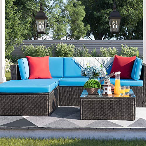 Devoko 5 Pieces Patio Furniture Sets All Weather Outdoor Sectional Sofa Manual Weaving Wicker Rattan Patio Conversation Set With Cushion And Glass Table (blue)