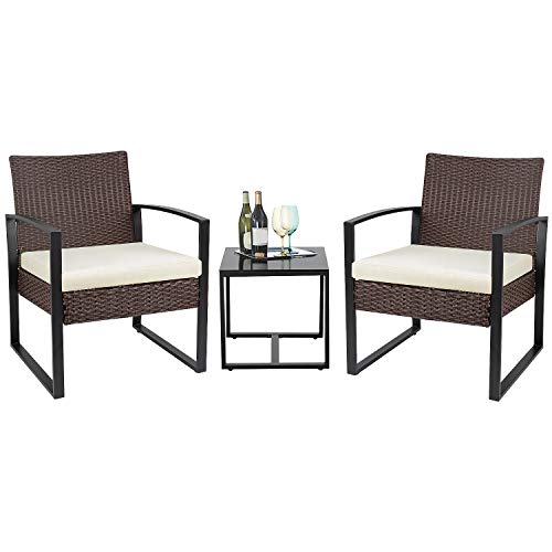 Flamaker 3 Pieces Patio Set Outdoor Wicker Patio Furniture Sets Modern Bistro Set Rattan Chair Conversation Sets With Coffee Table For Yard And Bistro (brown And Cream)