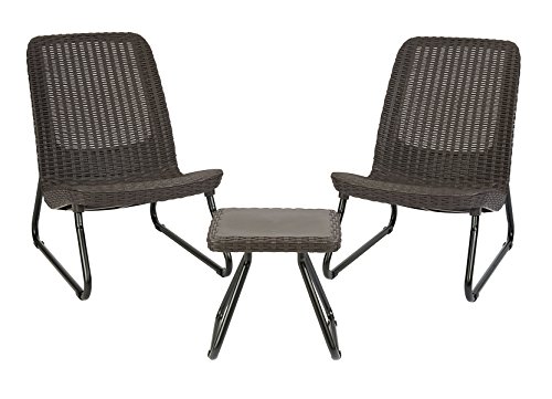Keter Rio 3 Piece Resin Wicker Furniture Set With Patio Table And Outdoor Chairs, Whiskey Brown