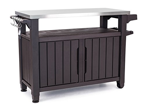 Keter Unity Xl Portable Outdoor Table With Storage Cabinet And Stainless Steel Top, X Large, Espresso Brown