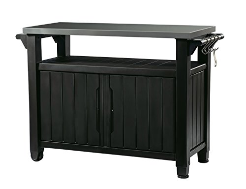 Keter Unity Xl Portable Outdoor Table With Storage Cabinet Stainless Steel Top, And Grilling Accessories, Graphite