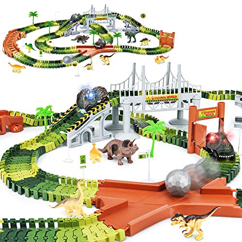 Kkones Dinosaur Toys 273pcs Create A Dinosaur World Road Race Flexible Track Playset & 2 Pcs Cool Dinosaur Car For 3 4 5 6 Year & Up Old Boy Girls Best Gift