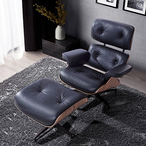 Mecor Lounge Chair With Ottoman, Mid Century Palisander Chair, 100% Grain Italian Leather Chaise Lounges With Heavy Duty Base Support For Living Room (black)