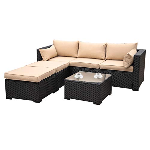 Outdoor Sectional Sofa Set 4 Piece Patio Pe Black Wicker Rattan Conversation Furniture With Khaki Cushion