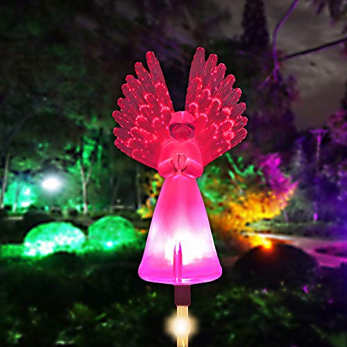 Outdoor Solar Garden Stake Lights Greenke Solar Angel For Cemetery Grave Yard Patio Decoration Multi Color Changing Led Lawn Light Memorial Gifts Pathway Lamp Optic Fiber Wings