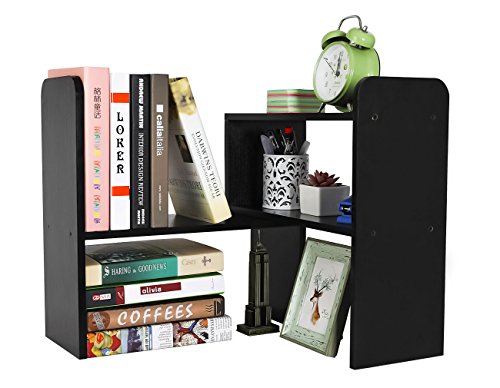 Pag Desktop Bookshelf Adjustable Countertop Bookcase Office Supplies Wood Desk Organizer Accessories Display Rack, Black
