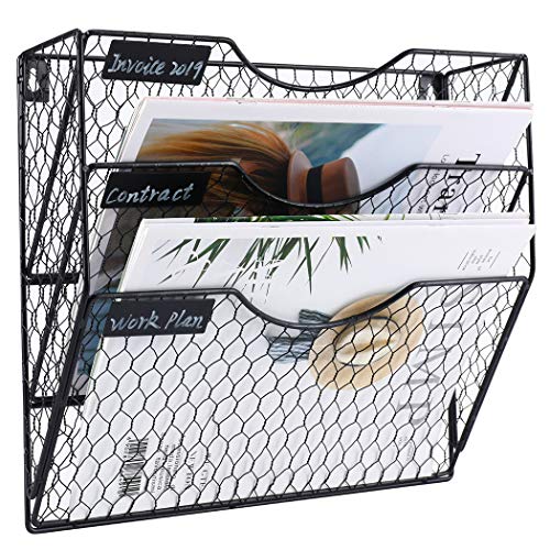 Pag Wall File Holder Hanging Mail Organizer Metal Chicken Wire Wall Mount Magazine Rack, 3 Tier, Black
