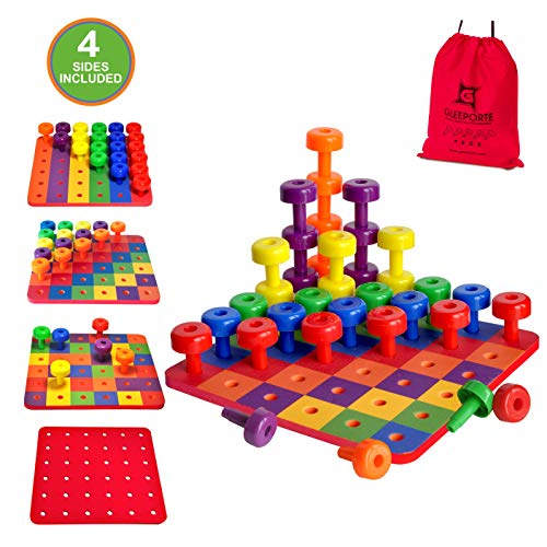 Patterned Stacking Peg Board Set Toy | Montessori Occupational Therapy Early Learning For Fine Motor Skills, Ideal For Toddlers And Preschooler, Includes 36 Plastic Pegs & 2 Boards, 4 Sides | Storage