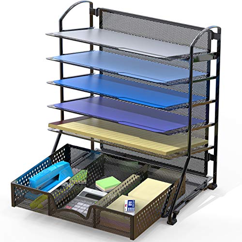 Simplehouseware 6 Trays Desk Document File Tray Organizer With Supplies Sliding Drawer, Black