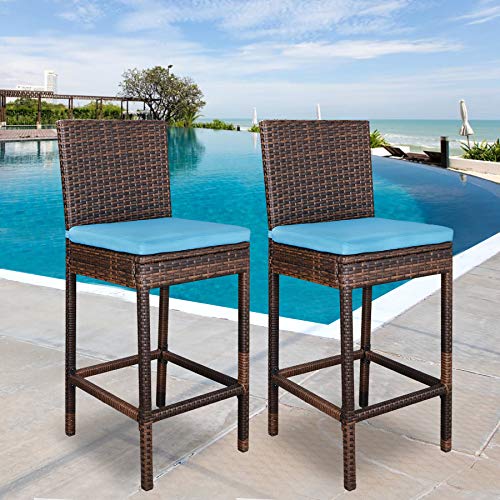 Super Deal Outdoor Upgraded All Weather Wicker Bar Stools With Cushions, Espresso Blue (set Of 2)