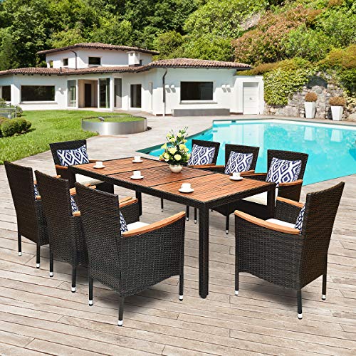 Tangkula 9 Piece Outdoor Dining Set, Garden Patio Wicker Set W/cushions, Patio Wicker Furniture Set With Acacia Wood Table And Stackable Armrest Chairs