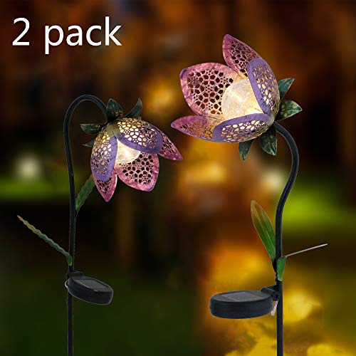 Teresa's Collections 29.5 Inch 2 Pack Metal Solar Flower Lights, Solar Garden Lights Flower Stake With Crackle Glass Ball For Outdoor Patio Yard Decorations