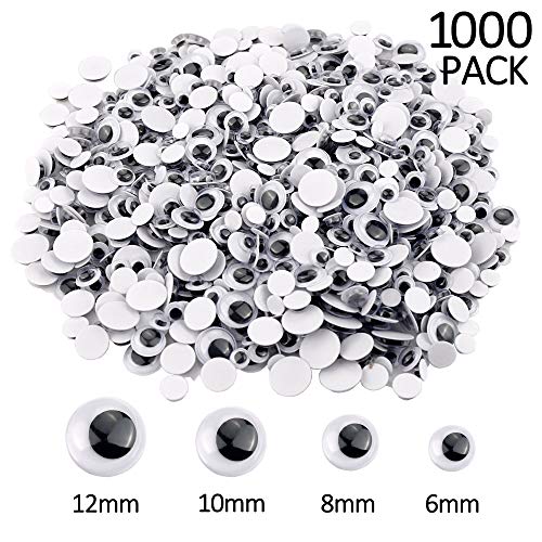 Upins 1000 Pcs Black Wiggle Googly Eyes With Self Adhesive, 6mm 8mm 10 Mm 12mm Mixed Packaging