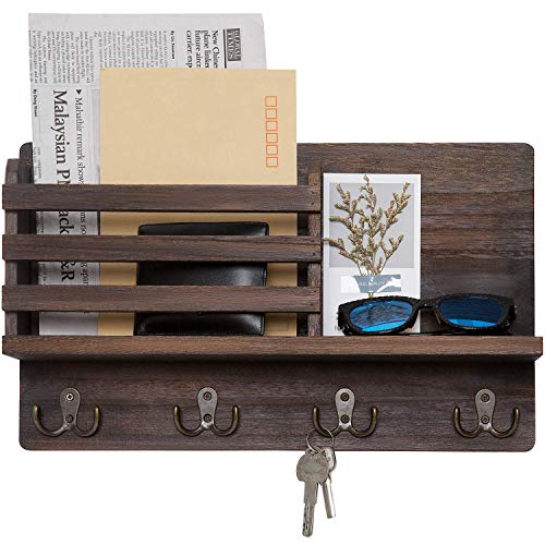 Dahey Wall Mounted Mail Holder Wooden Mail Sorter Organizer With 4 Double Key Hooks And A Floating Shelf Rustic Home Decor For Entryway Or Mudroom,brown