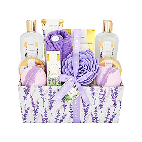 Spa Luxetique Bath Spa Gift Baskets Lavender, Premium 12pc Gift Baskets For Women, Home Spa Gift Set With Soap, Massage Oil, Bath Bomb, Dry Hair Cap, Bath Puff, Body Lotion, Best Gift Set For Women.