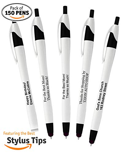 150 Pack, Personalized Novelty Writing Ink Bullet Pens With Stylus Tip, Best Custom Pens Printed With Your Logo & Text, Commemorate Your Event, 2 In 1 Capacitive Stylus & Ballpoint Pen, (black)