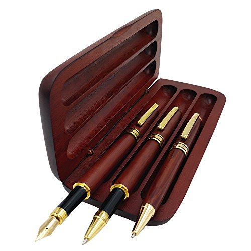 3 Pcs Wooden Pens Set With Pen Gift Case/best Writing Fountain Pen, Fancy Ballpoint Pen And Luxury Gel Pen With Ink Refills, Promotional Business Designer Pens