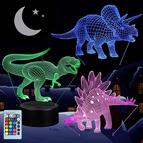 3d Dinosaur Night Light, Vsaten 3d Illusion Lamp Three Pattern And 7 Color Change Decor Lamp With Remote Control For Living Bed Room Bar, Best Gift Toys For Boys Girls (3 Packs)