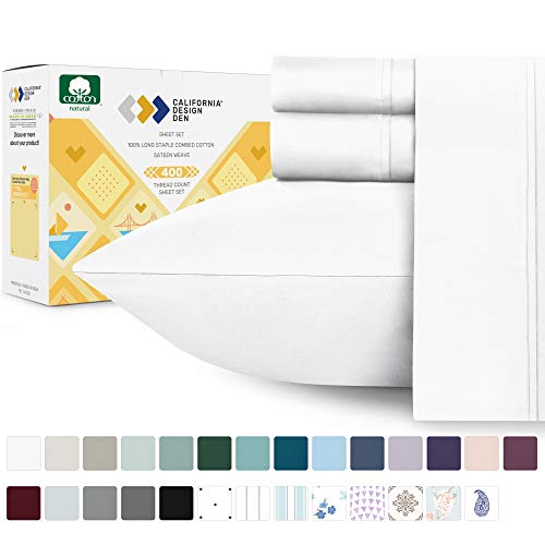 400 Thread Count 100% Cotton Sheet Pure White Queen Sheets Set, 4 Piece Long Staple Combed Cotton Best Bedding Sheets For Bed, Breathable, Soft & Silky Sateen Weave Fits Mattress 16'' Deep Pocket