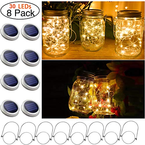 8 Pack Solar Mason Jar Lights, 30 Led Warm White Solar Fairy String Lights Lids With 8 Hangers(jars Not Included), Best For Mason Jar Decor,outdoor Lawn Patio Garden,party,christmas